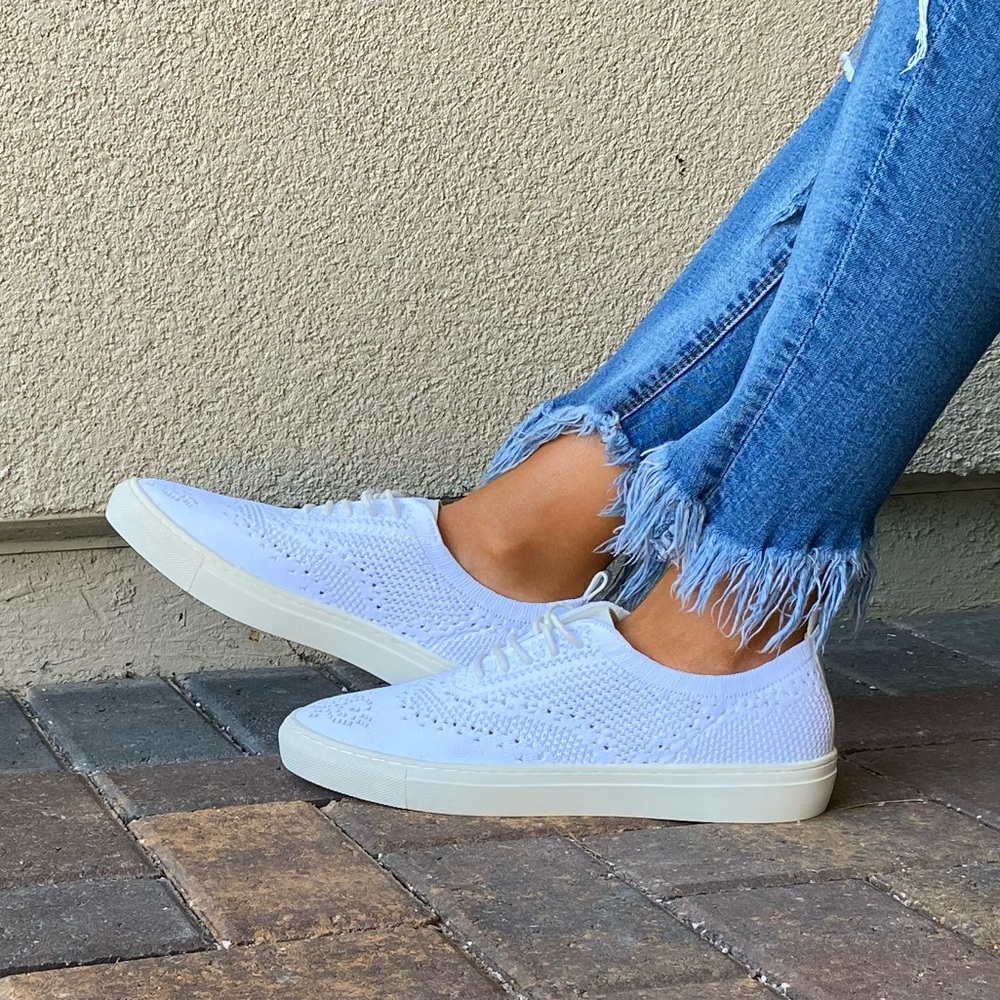 White Lace Up Brogue Fabric Knit Oxford Sneakers - Picture 9 of 16